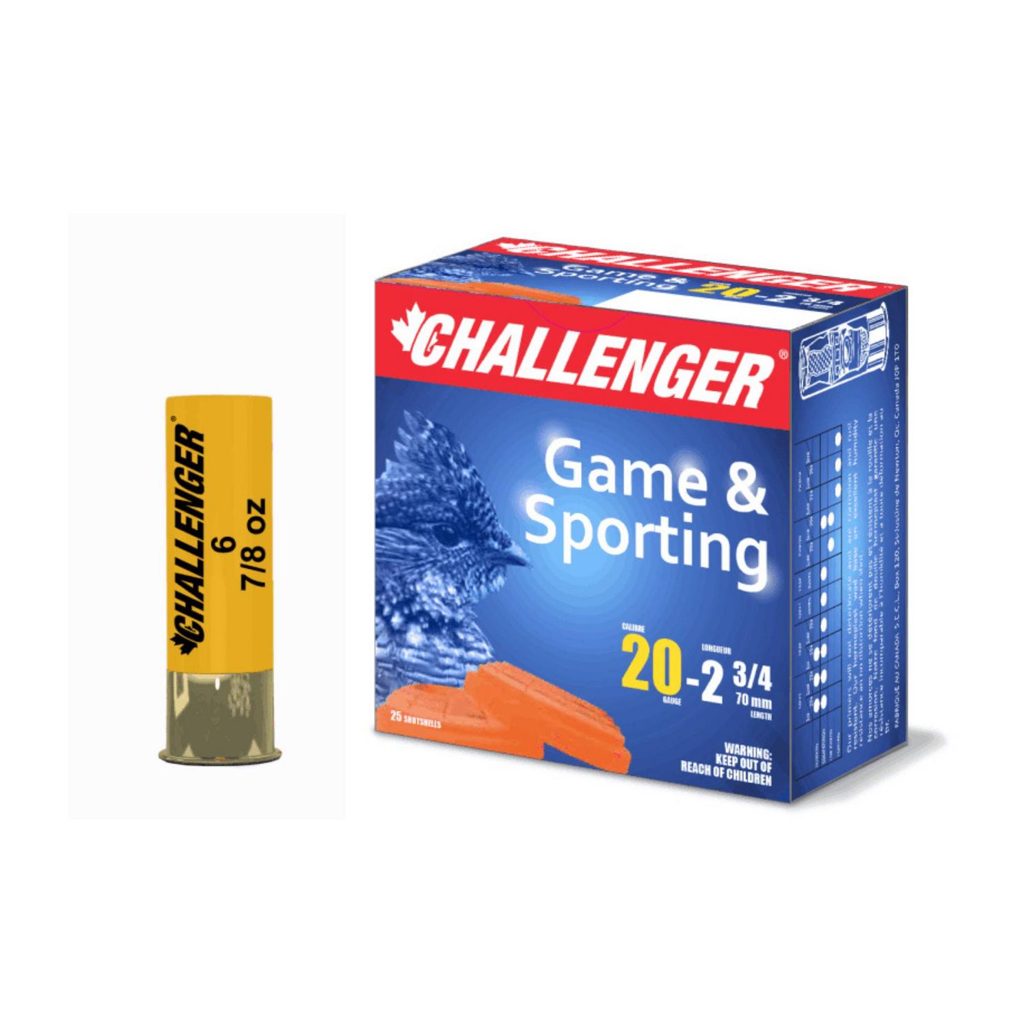 Cartouche Challenger Calibre 20 2 3/4 po no 6 7/8 oz Gibier et Sport 25 par boîte